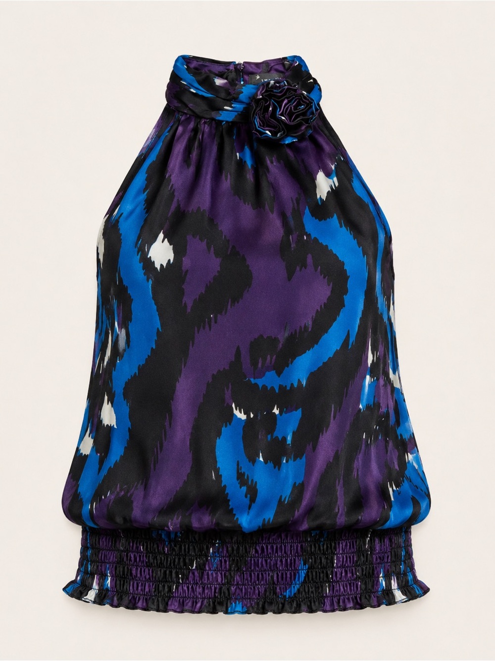Y2K Rosette Halter Blouse Purple Blue Abstract Print Smocked Hem